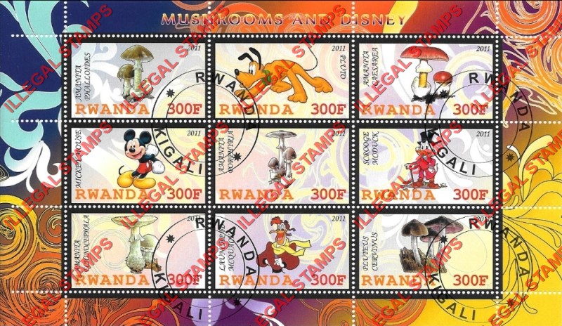Rwanda 2011 Mushrooms and Disney Characters Illegal Stamp Sheets of 9 (Part 2)