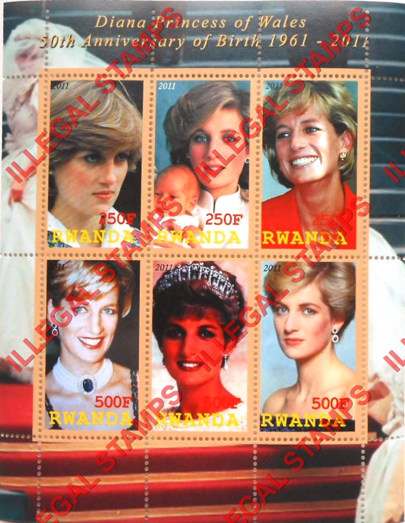 Rwanda 2011 Princess Diana Illegal Stamp Souvenir Sheet of 6