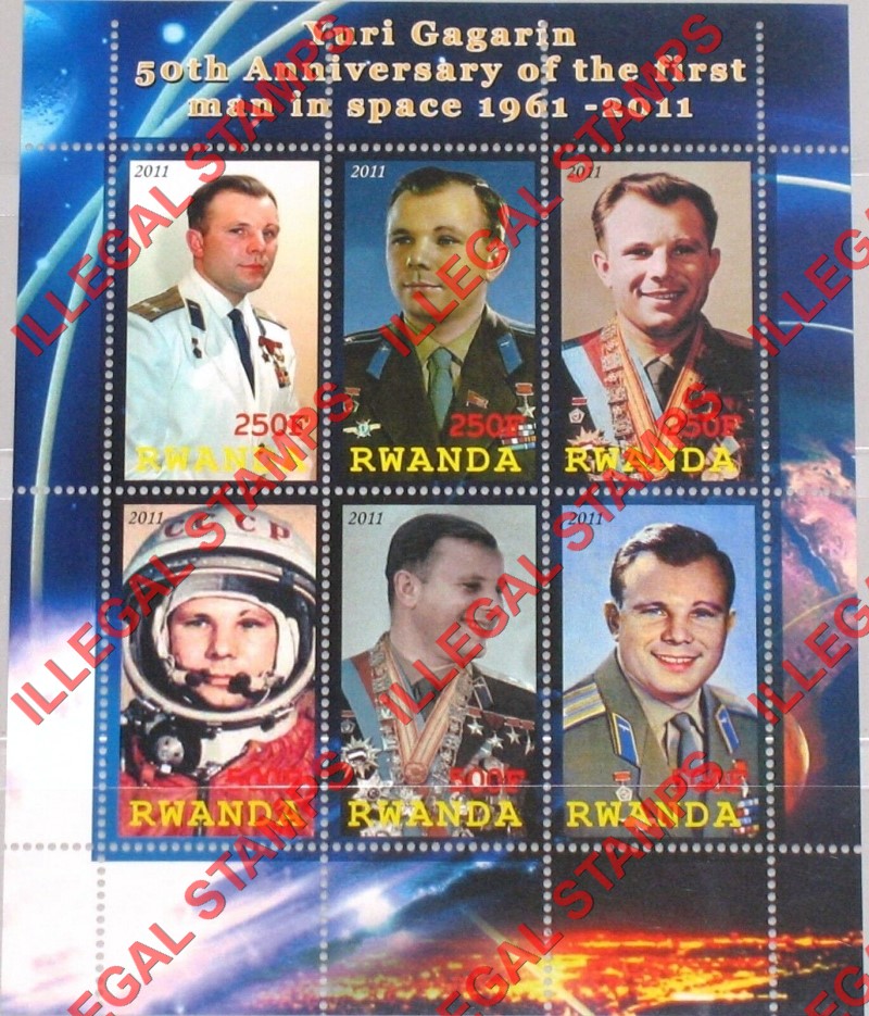 Rwanda 2011 Yuri Gagarin First Man in Space Illegal Stamp Souvenir Sheet of 6