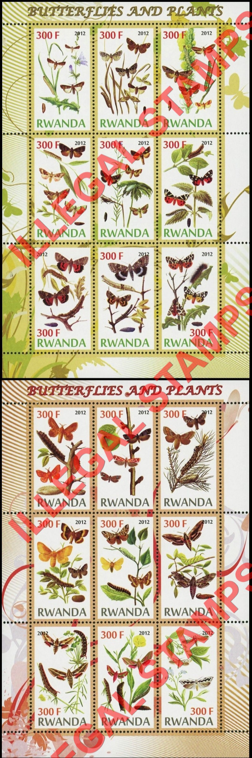 Rwanda 2012 Butterflies and Plants Illegal Stamp Sheets of 9