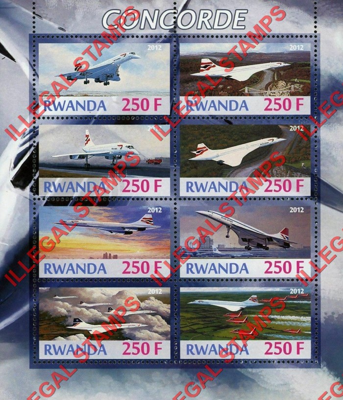 Rwanda 2012 Concorde Illegal Stamp Souvenir Sheet of 8