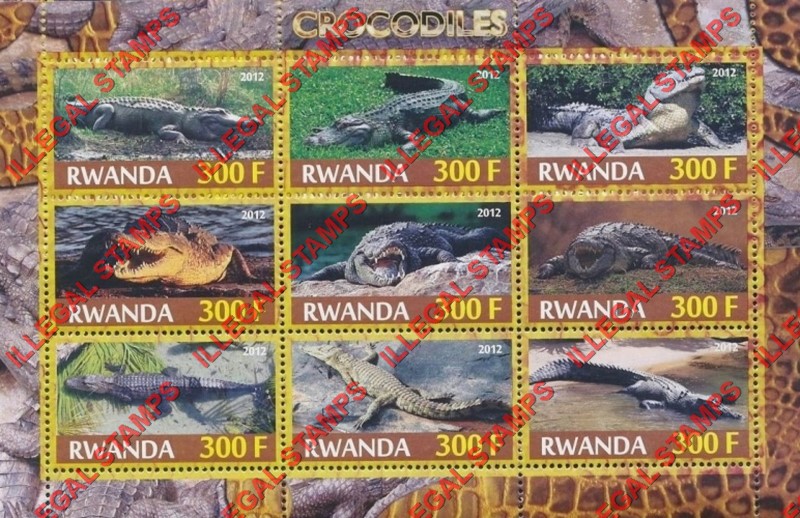 Rwanda 2012 Crocodiles Illegal Stamp Sheet of 9