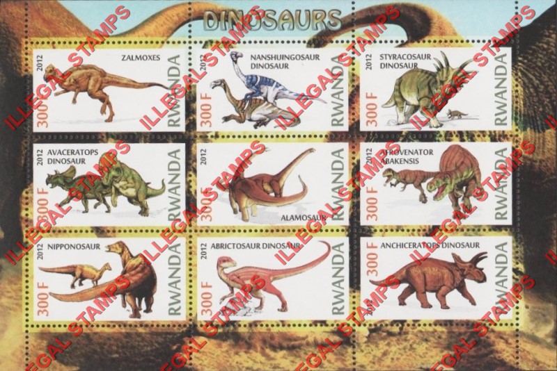 Rwanda 2012 Dinosaurs Illegal Stamp Sheet of 9