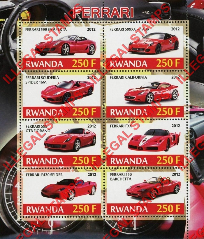 Rwanda 2012 Ferrari Illegal Stamp Souvenir Sheet of 8
