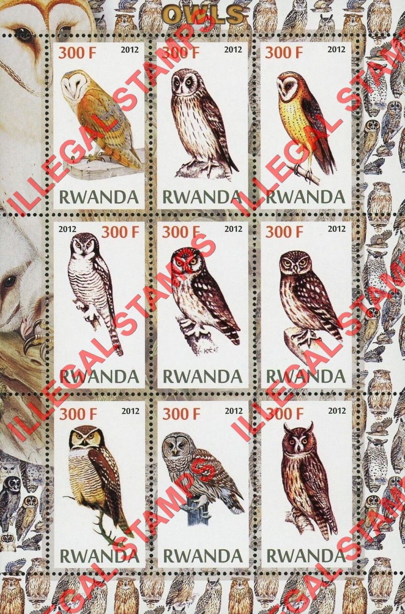 Rwanda 2012 Owls Illegal Stamp Sheet of 9