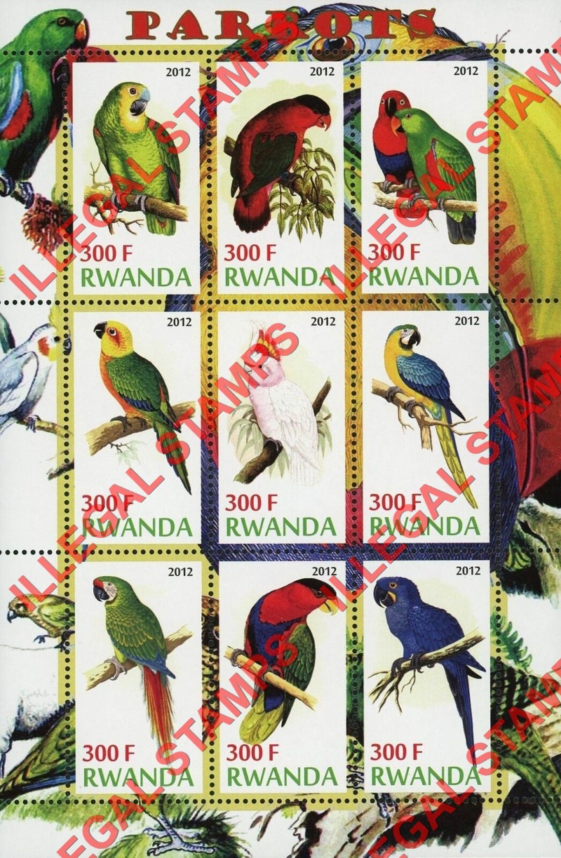 Rwanda 2012 Parrots Illegal Stamp Sheet of 9
