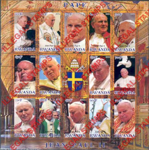 Rwanda 2012 Pope John Paul II Illegal Stamp Sheet of 15