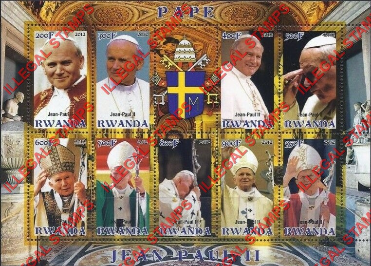 Rwanda 2012 Pope John Paul II Illegal Stamp Souvenir Sheet of 9 Plus Label