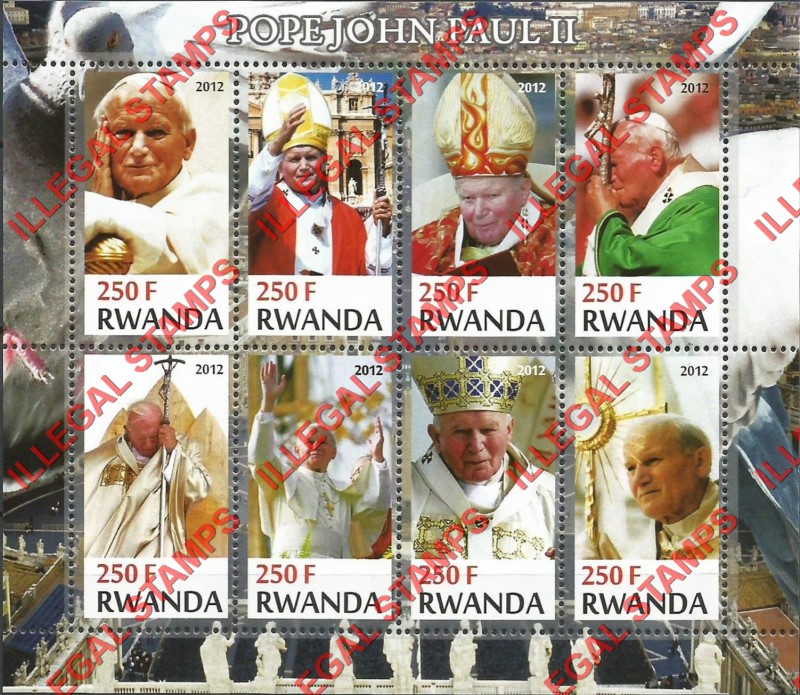 Rwanda 2012 Pope John Paul II Illegal Stamp Souvenir Sheet of 8