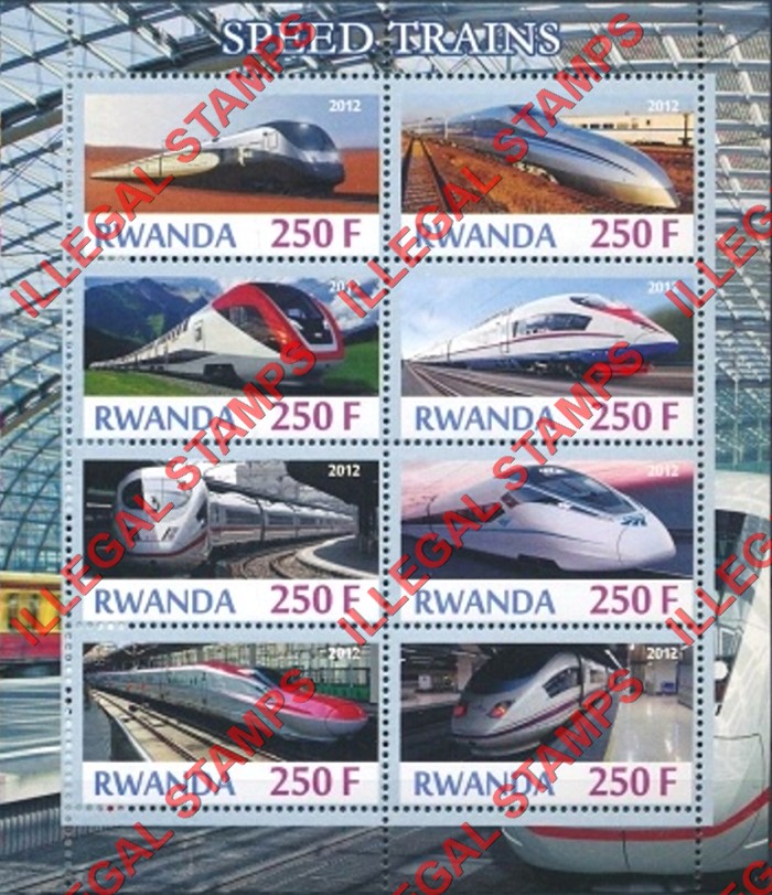 Rwanda 2012 Speed Trains Illegal Stamp Souvenir Sheet of 8