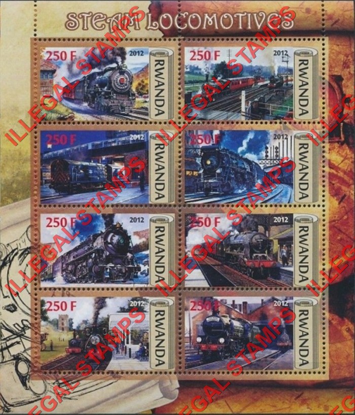 Rwanda 2012 Steam Locomotives Illegal Stamp Souvenir Sheet of 8
