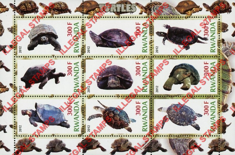 Rwanda 2012 Turtles Illegal Stamp Sheet of 9