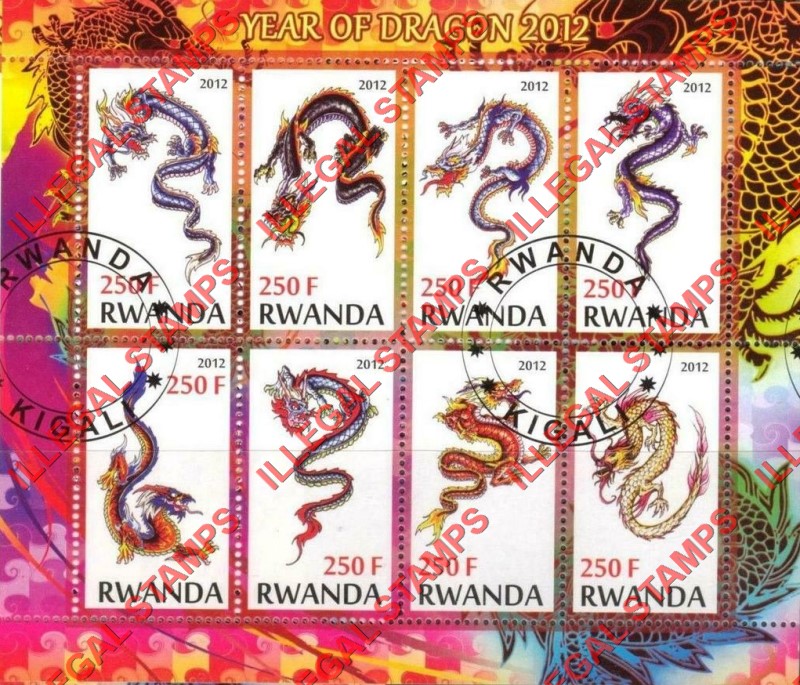Rwanda 2012 Year of the Dragon Illegal Stamp Souvenir Sheet of 8