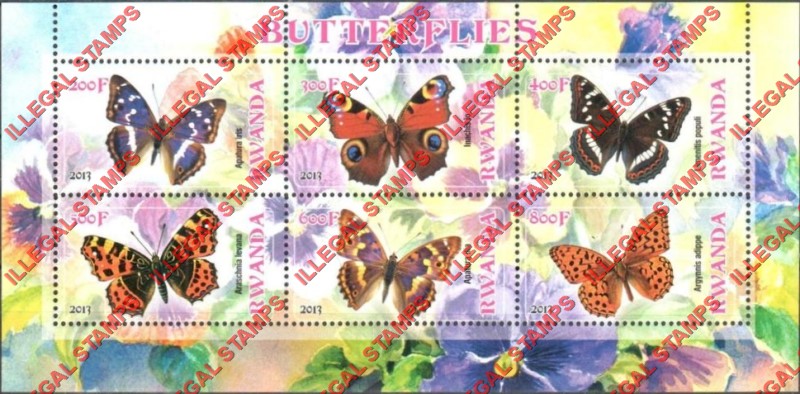 Rwanda 2013 Butterflies Illegal Stamp Souvenir Sheet of 6