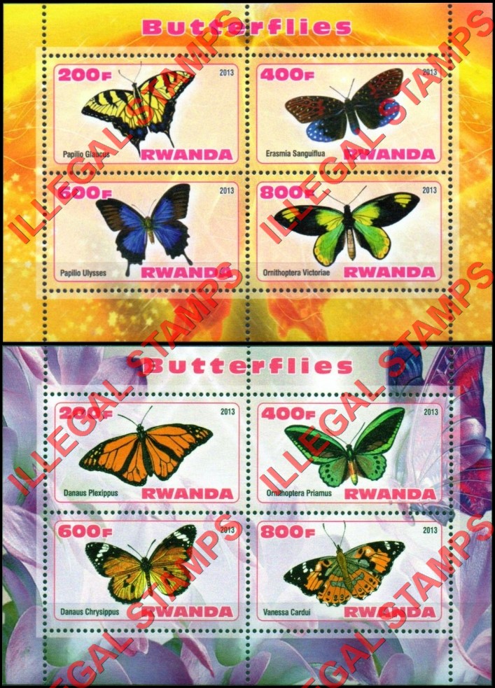 Rwanda 2013 Butterflies Illegal Stamp Souvenir Sheets of 4 (Part 1)