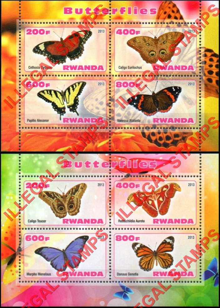 Rwanda 2013 Butterflies Illegal Stamp Souvenir Sheets of 4 (Part 2)