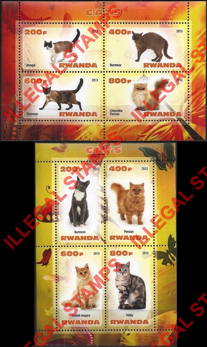 Rwanda 2013 Cats Illegal Stamp Souvenir Sheets of 4