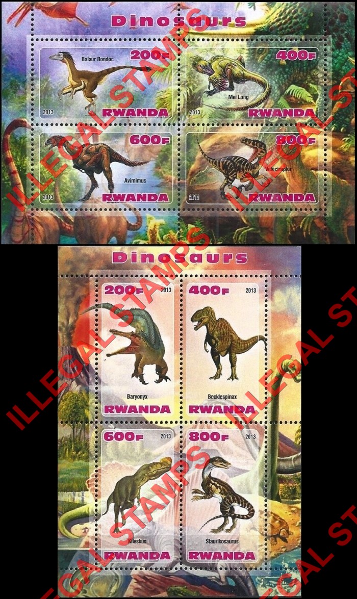 Rwanda 2013 Dinosaurs Illegal Stamp Souvenir Sheets of 4