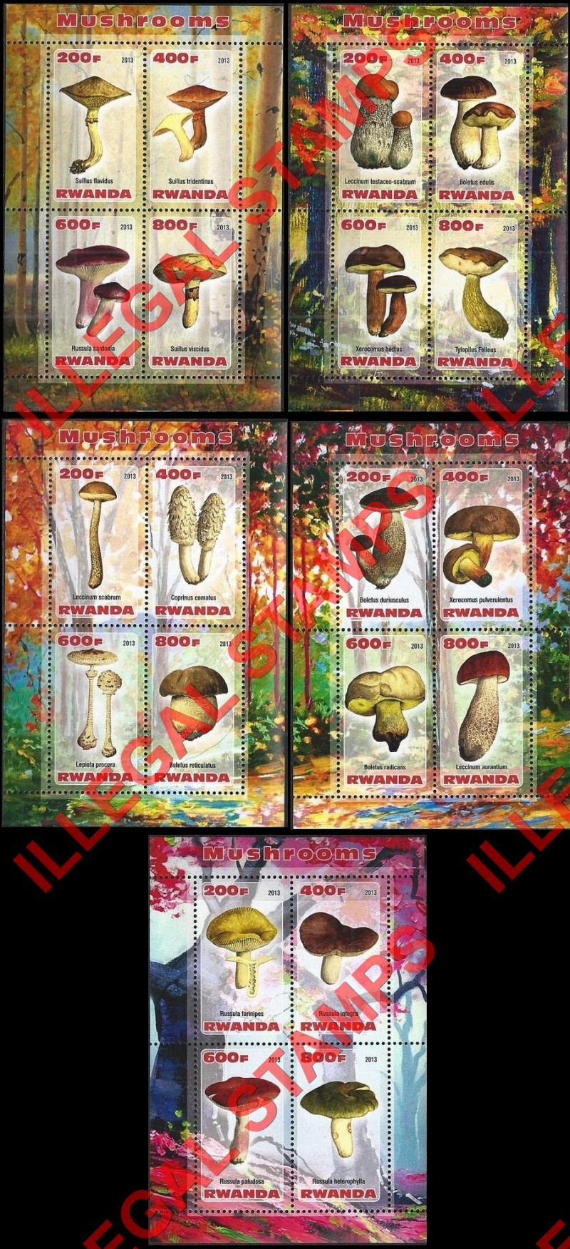 Rwanda 2013 Mushrooms Illegal Stamp Souvenir Sheets of 4