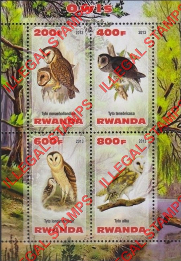 Rwanda 2013 Owls Illegal Stamp Souvenir Sheet of 4