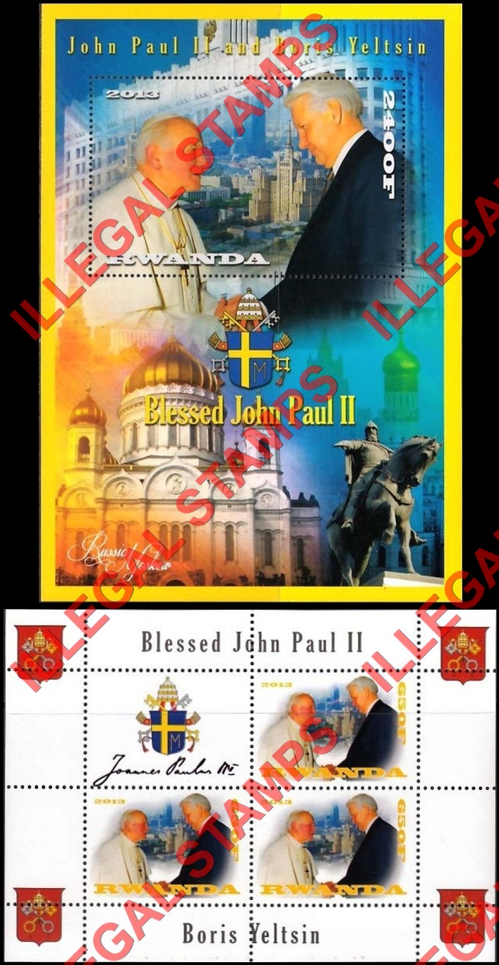 Rwanda 2013 Pope John Paul II and Boris Yeltsin Illegal Stamp Souvenir Sheet of 1 and Block of 3 Plus Label
