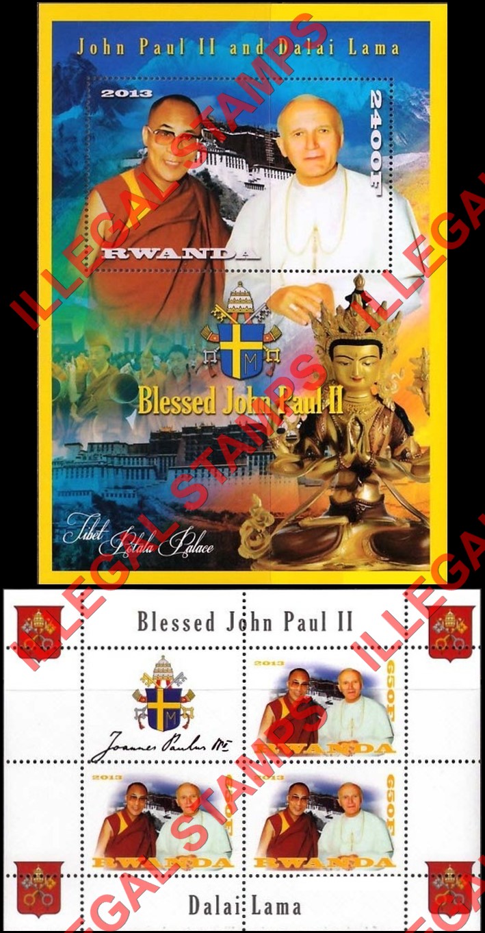 Rwanda 2013 Pope John Paul II and Dalai Lama Illegal Stamp Souvenir Sheet of 1 and Block of 3 Plus Label