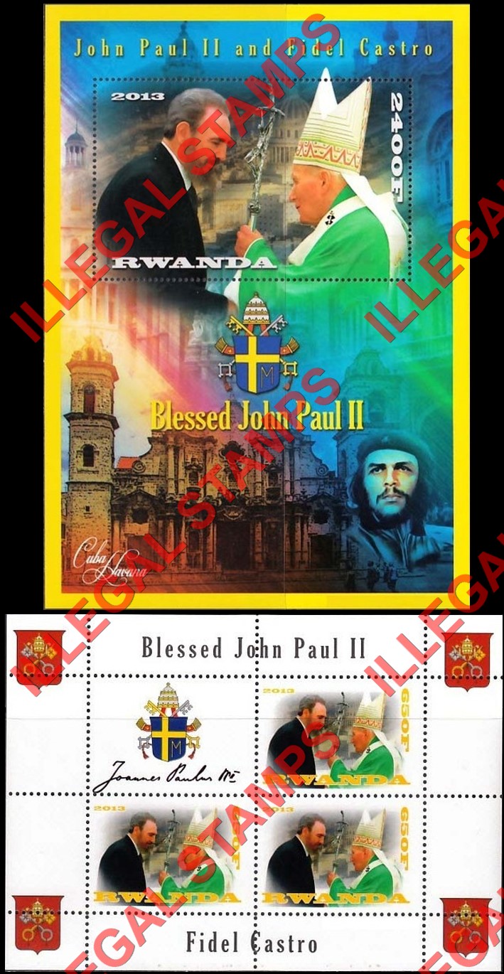 Rwanda 2013 Pope John Paul II and Fidel Castro Illegal Stamp Souvenir Sheet of 1 and Block of 3 Plus Label