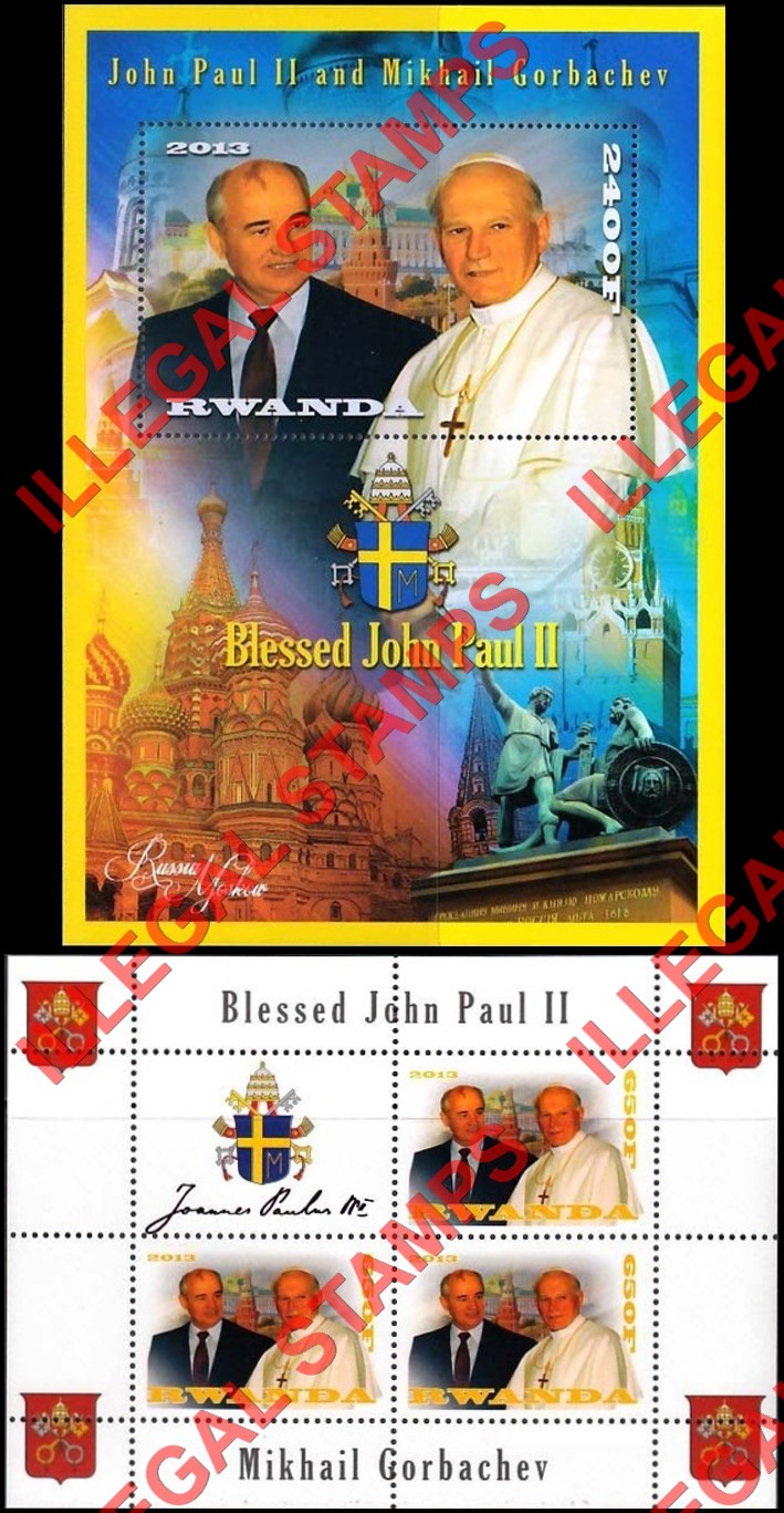 Rwanda 2013 Pope John Paul II and Mikhail Gorbachev Illegal Stamp Souvenir Sheet of 1 and Block of 3 Plus Label