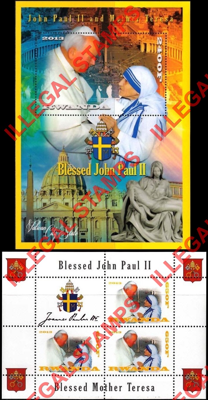 Rwanda 2013 Pope John Paul II and Mother Teresa Illegal Stamp Souvenir Sheet of 1 and Block of 3 Plus Label