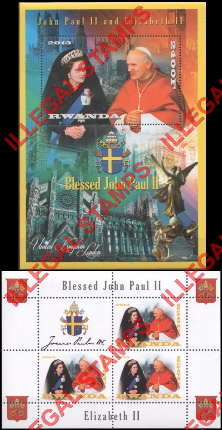 Rwanda 2013 Pope John Paul II and Queen Elizabeth II Illegal Stamp Souvenir Sheet of 1 and Block of 3 Plus Label