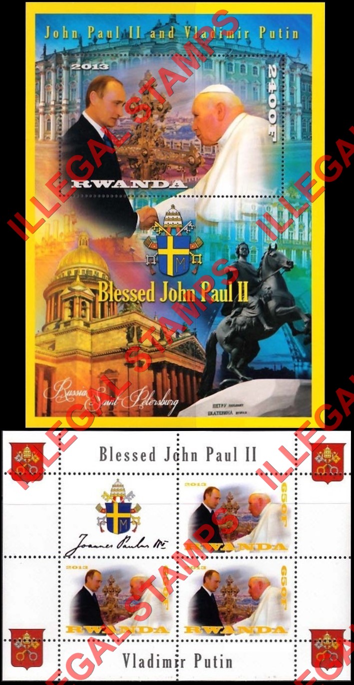 Rwanda 2013 Pope John Paul II and Vladimir Putin Illegal Stamp Souvenir Sheet of 1 and Block of 3 Plus Label