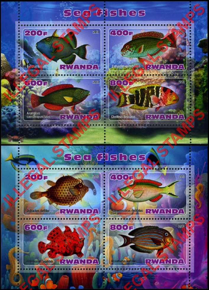 Rwanda 2013 Sea Fish Illegal Stamp Souvenir Sheets of 4