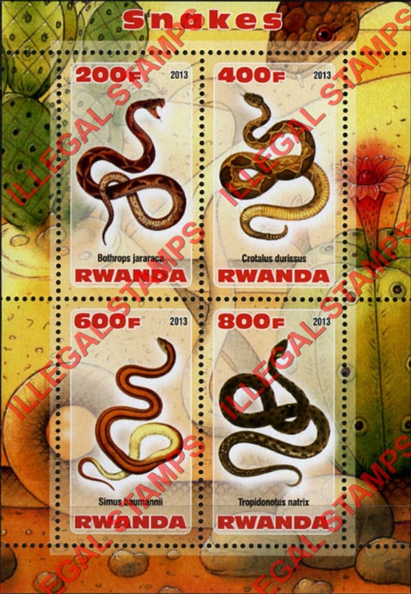Rwanda 2013 Snakes Illegal Stamp Souvenir Sheet of 4