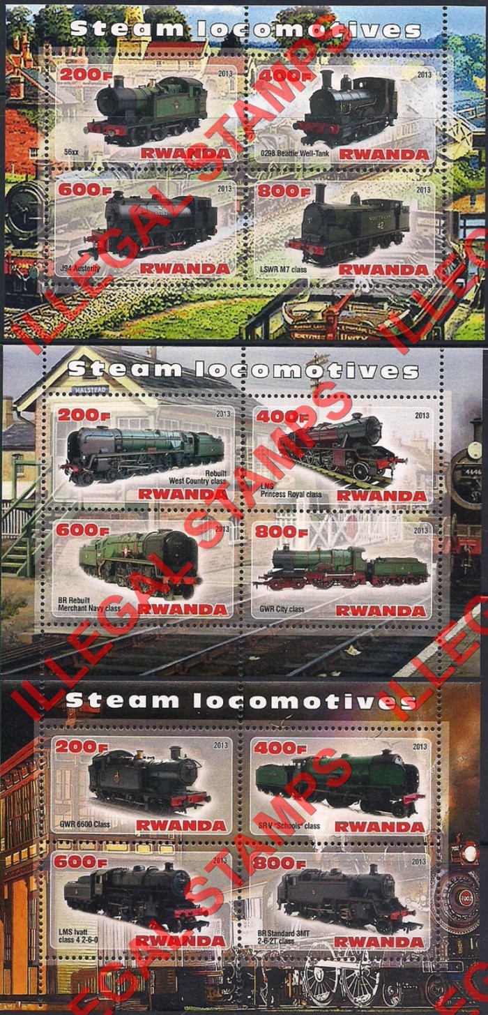 Rwanda 2013 Steam Locomotives Illegal Stamp Souvenir Sheets of 4 (Part 1)