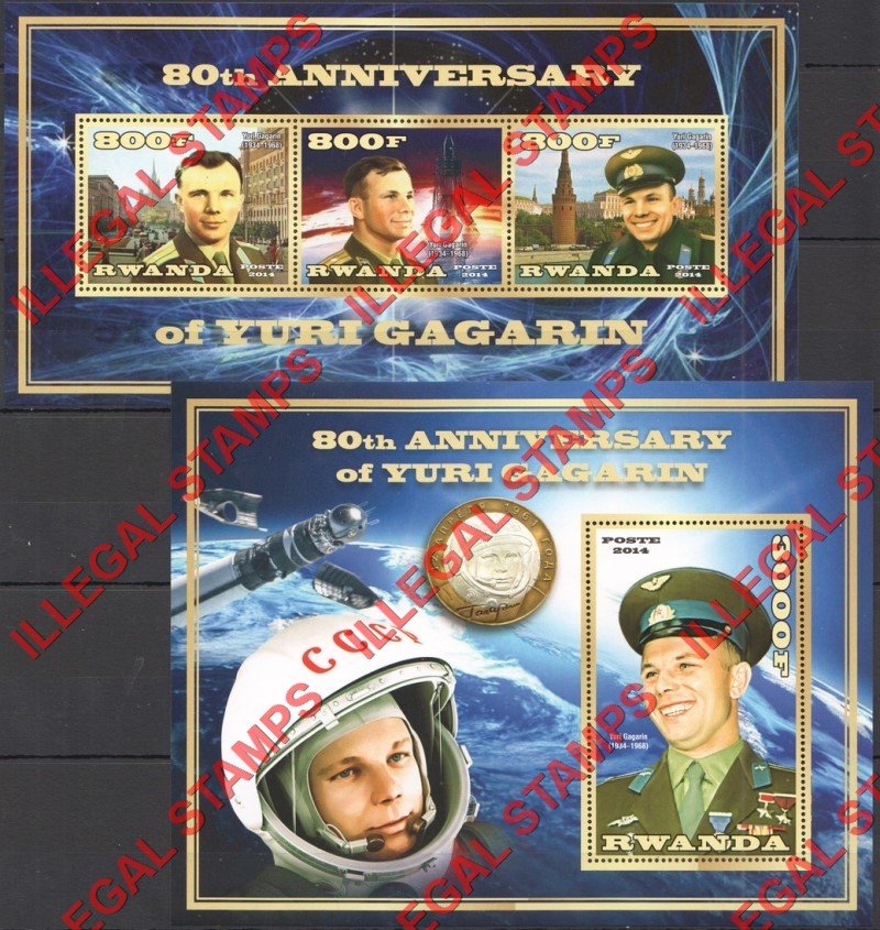 Rwanda 2014 Space Yuri Gagarin Illegal Stamp Souvenir Sheets of 3 and 1