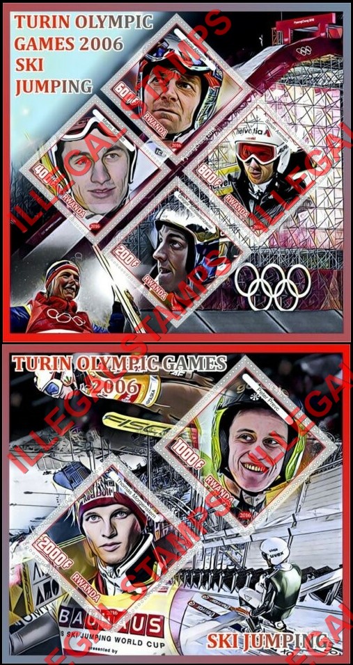 Rwanda 2016 Olympic Games in Turin (2006) Ski Jumping Illegal Stamp Souvenir Sheets of 4 and 2
