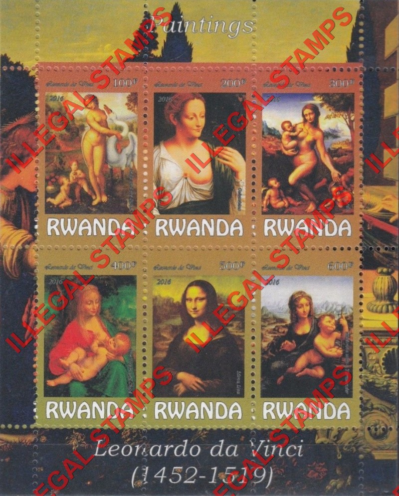 Rwanda 2016 Paintings by Leonardo da Vinci Illegal Stamp Souvenir Sheet of 6