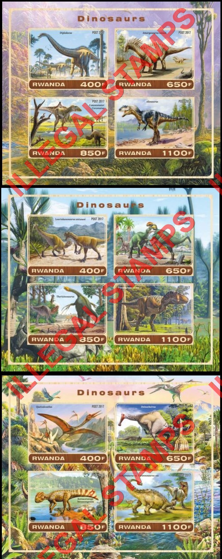 Rwanda 2017 Dinosaurs Illegal Stamp Souvenir Sheets of 4