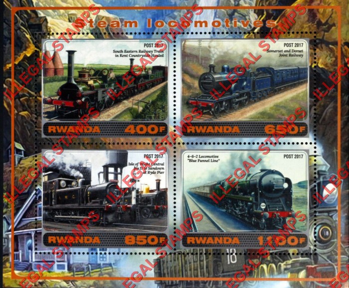 Rwanda 2017 Steam Locomotives Illegal Stamp Souvenir Sheet of 4