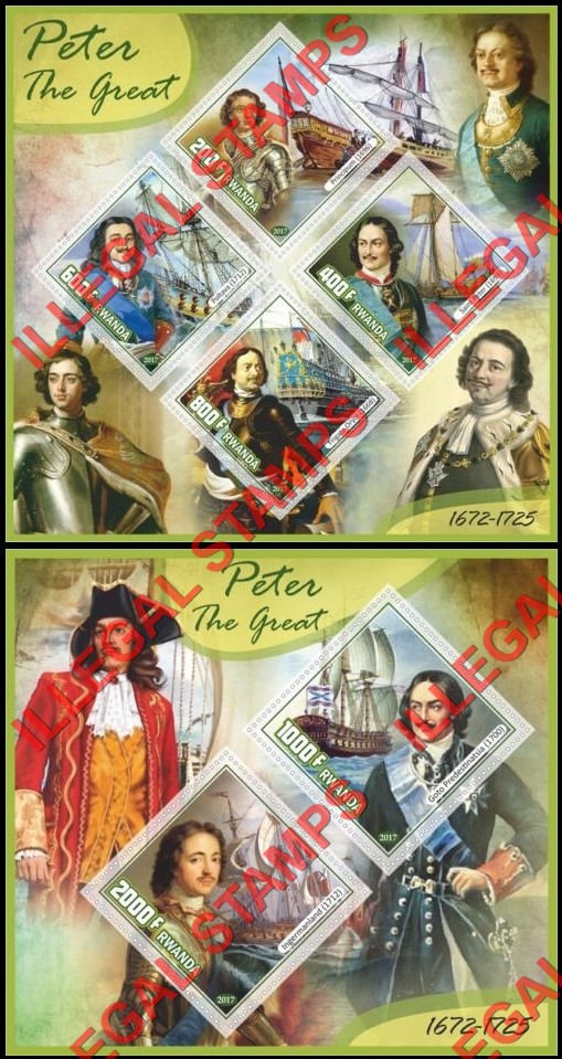 Rwanda 2017 Peter the Great Ships Illegal Stamp Souvenir Sheets of 4 and 2
