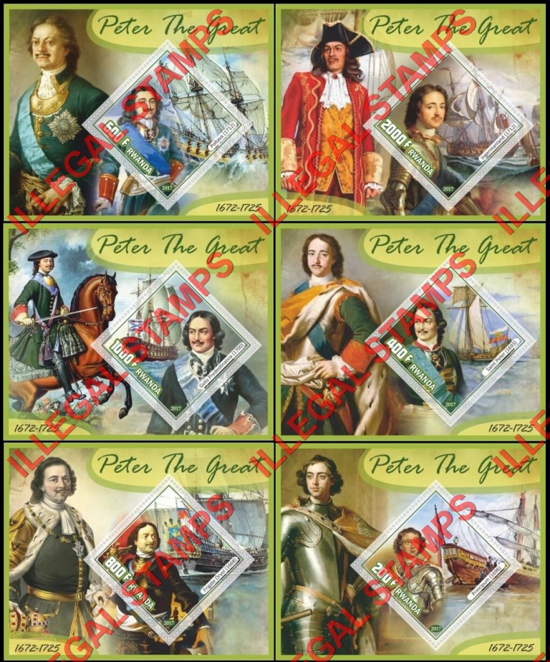 Rwanda 2017 Peter the Great Ships Illegal Stamp Souvenir Sheets of 1
