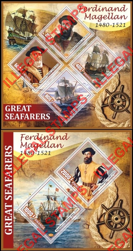 Rwanda 2017 Seafarers Ferdinand Magellan Sailing Ships Illegal Stamp Souvenir Sheets of 4 and 2