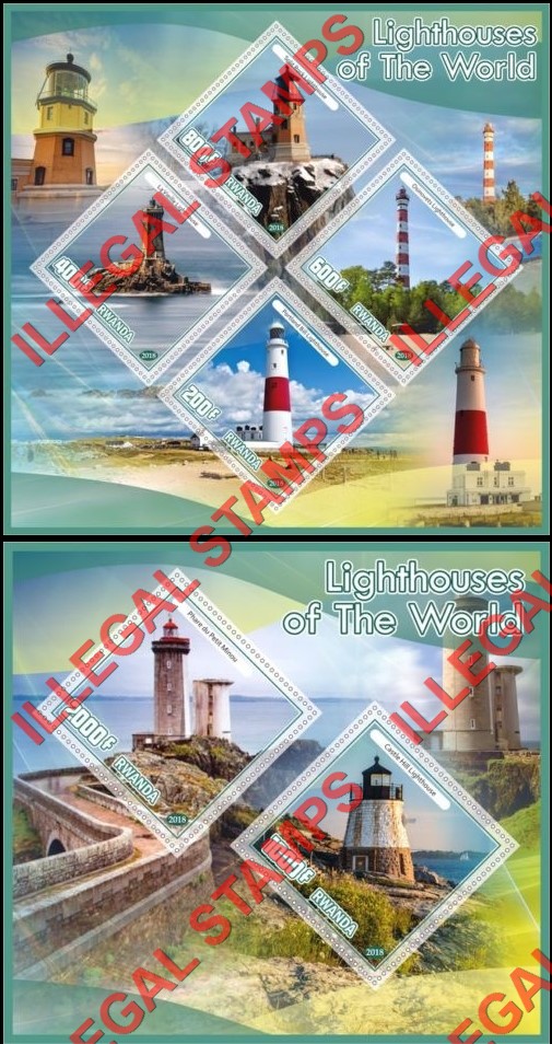 Rwanda 2018 Lighthouses of the World Illegal Stamp Souvenir Sheets of 4 and 2
