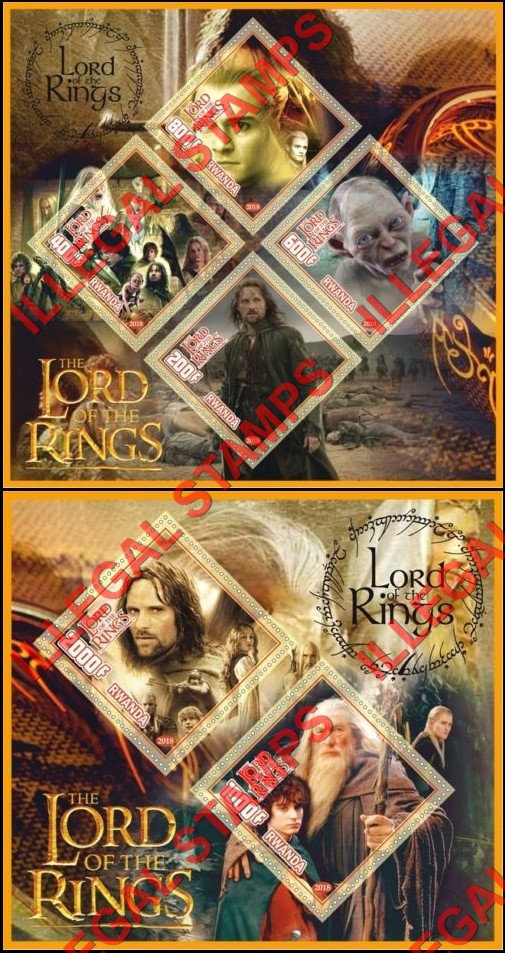 Rwanda 2018 Lord of the Rings Illegal Stamp Souvenir Sheets of 4 and 2