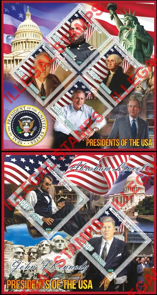 Rwanda 2018 Presidents of the USA Illegal Stamp Souvenir Sheets of 4 and 2