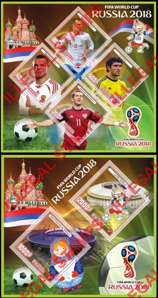 Rwanda 2018 World Cup Soccer (Football) Illegal Stamp Souvenir Sheets of 4 and 2