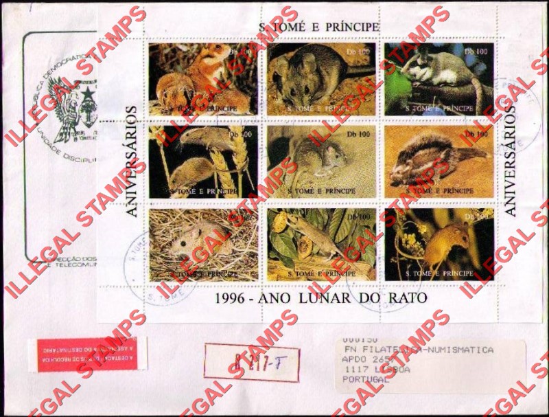 Saint Thomas and Prince Islands 1996 Chinese Lunar Year of the Rat Souvenir Sheet of 9 on Bogus Cover