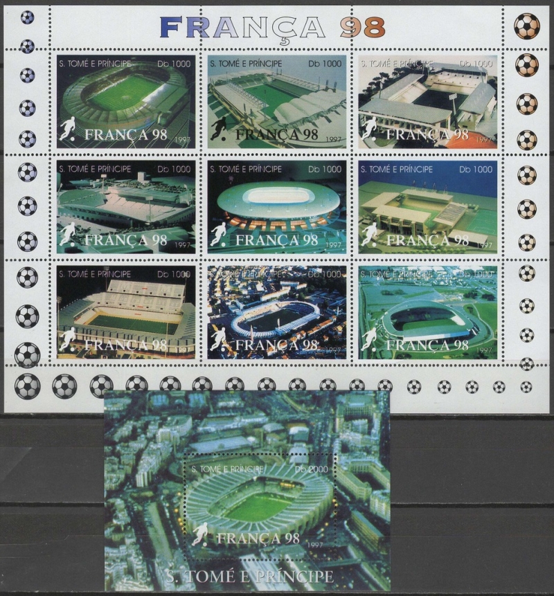 Saint Thomas and Prince Islands 1997 Soccer Stadiums Souvenir Sheets of 9 and 1