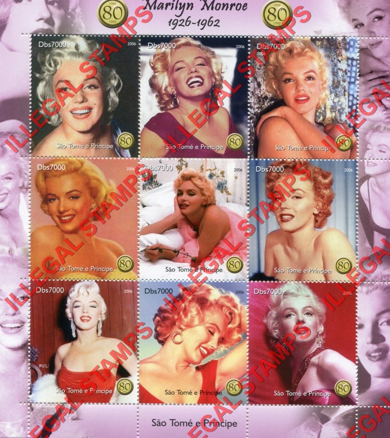 Saint Thomas and Prince Islands 2006 Marilyn Monroe Illegal Stamp Souvenir Sheet of 9