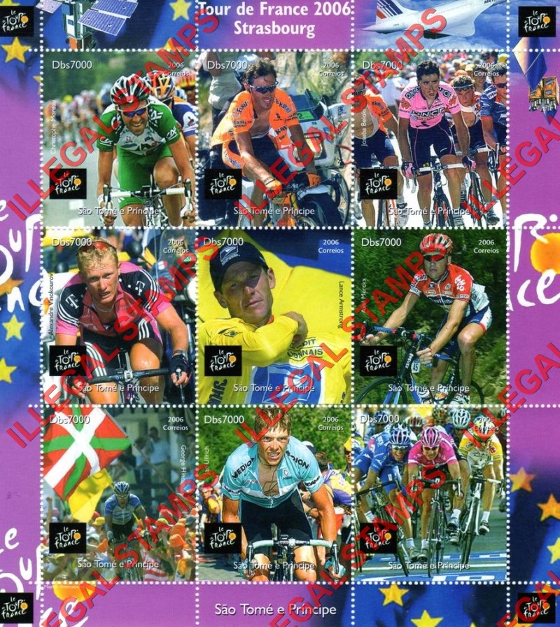Saint Thomas and Prince Islands 2006 Tour de France Cycling Illegal Stamp Souvenir Sheet of 9